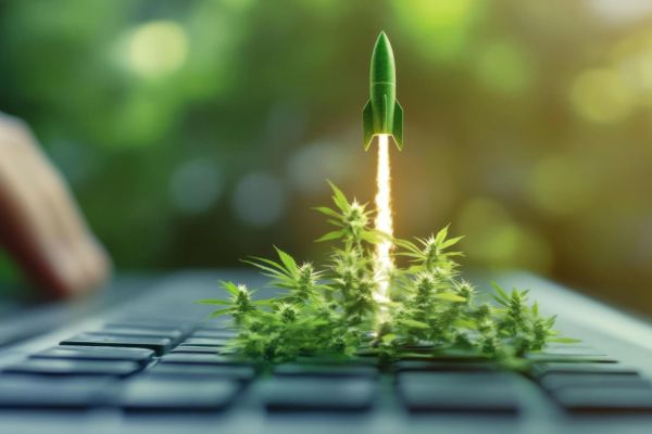 cannabis plant coming out of a keyboard with a rocket on top