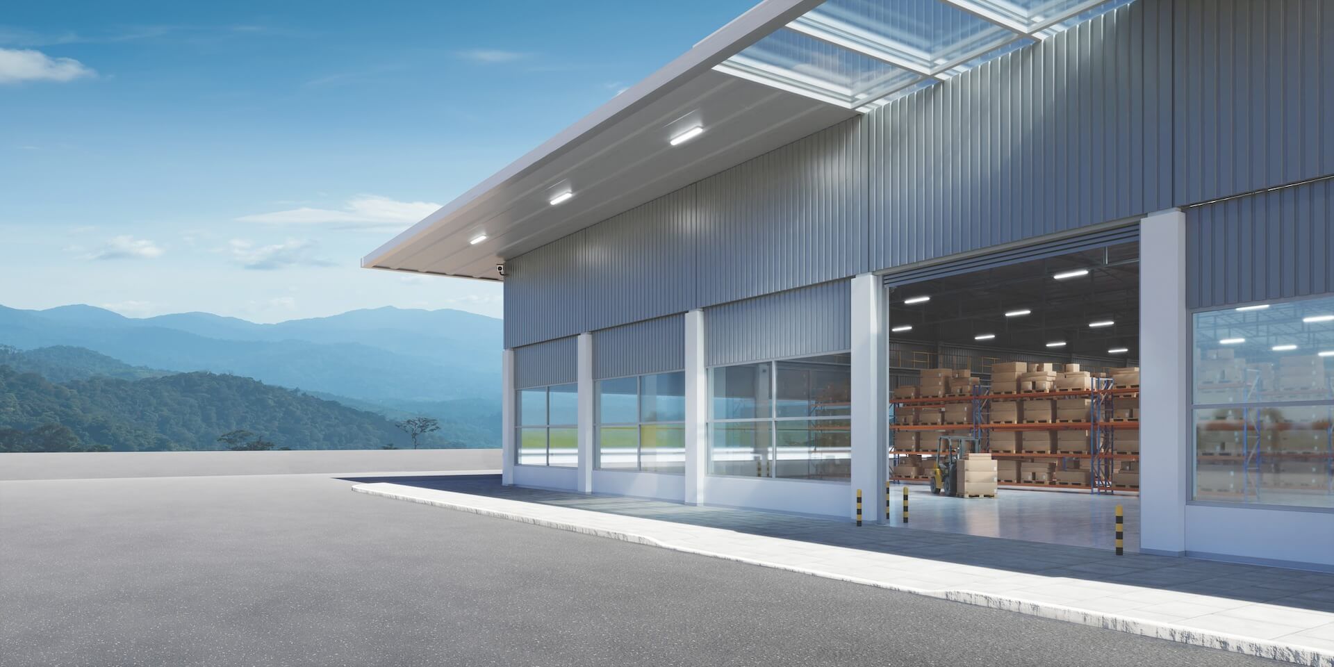 Modern new factory building with empty asphalt floor. 3d rendering