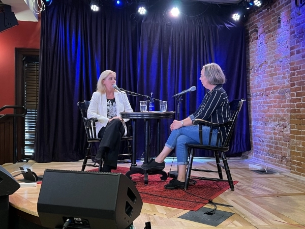 Saratoga Hospital President and CEO Jill Johnson VanKuren (left) speaks with Caffè Lena executive director Sarah Craig as part of the ‘Serving Saratoga’ series (Photo by Dylan McGlynn).