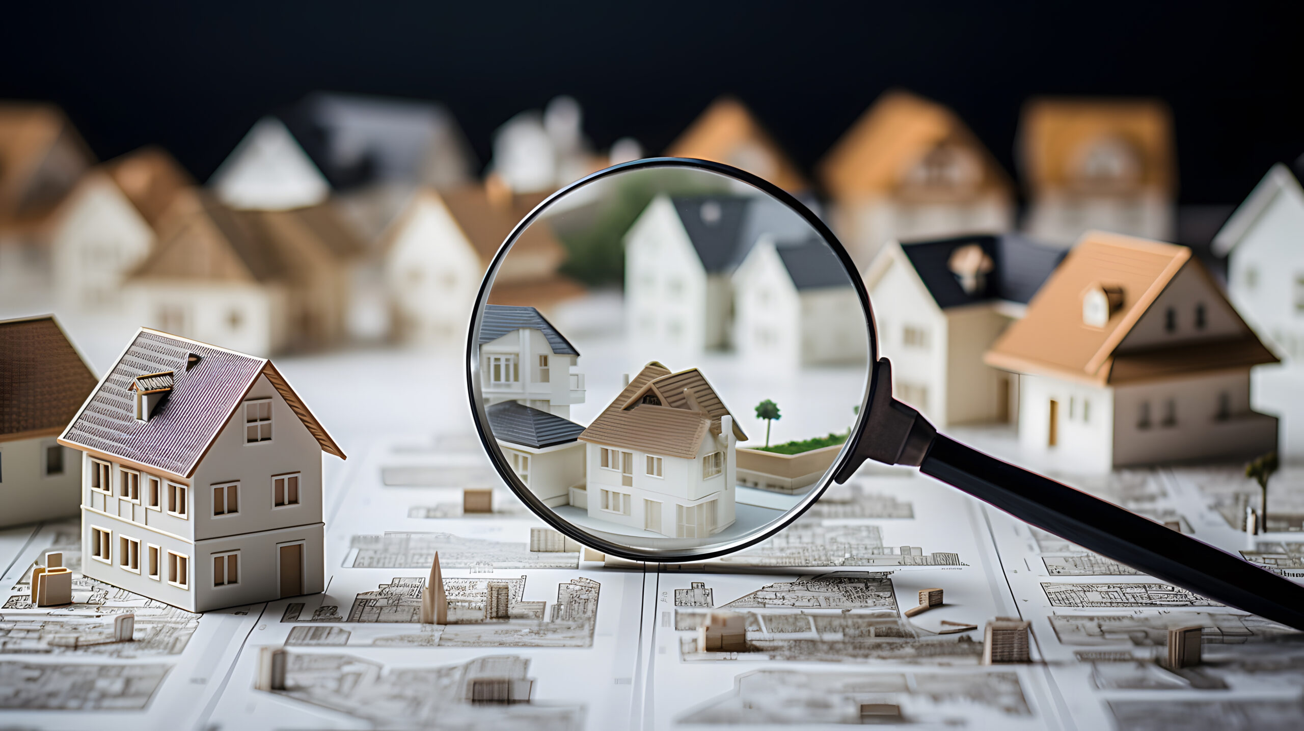 Searching new house for purchase.Looking for real estate agency, Rental housing market. Magnifying glass near residential building