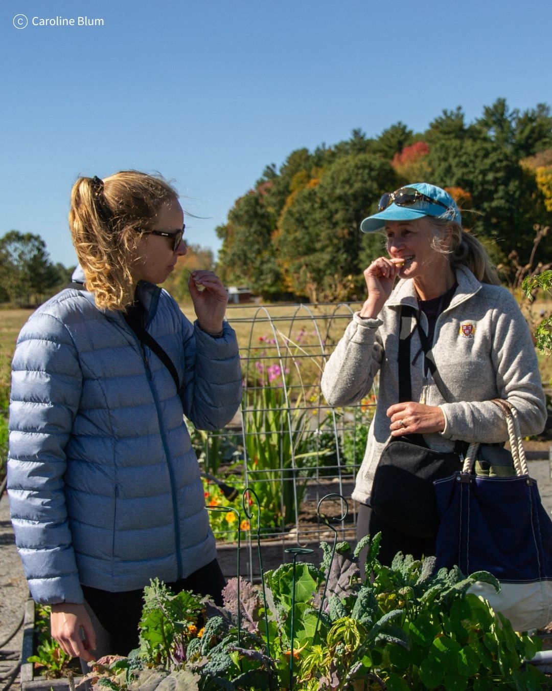 two women eating at a farm