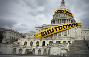 USA shutdown and United States government closed and american federal shut down due to spending bill disagreement between the left and the right pas a national finance symbol with yellow hazard tape in a 3D illustration style.