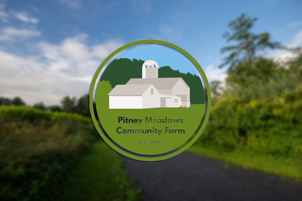 pitney meadows community farm logo over an image of one of their many trails
