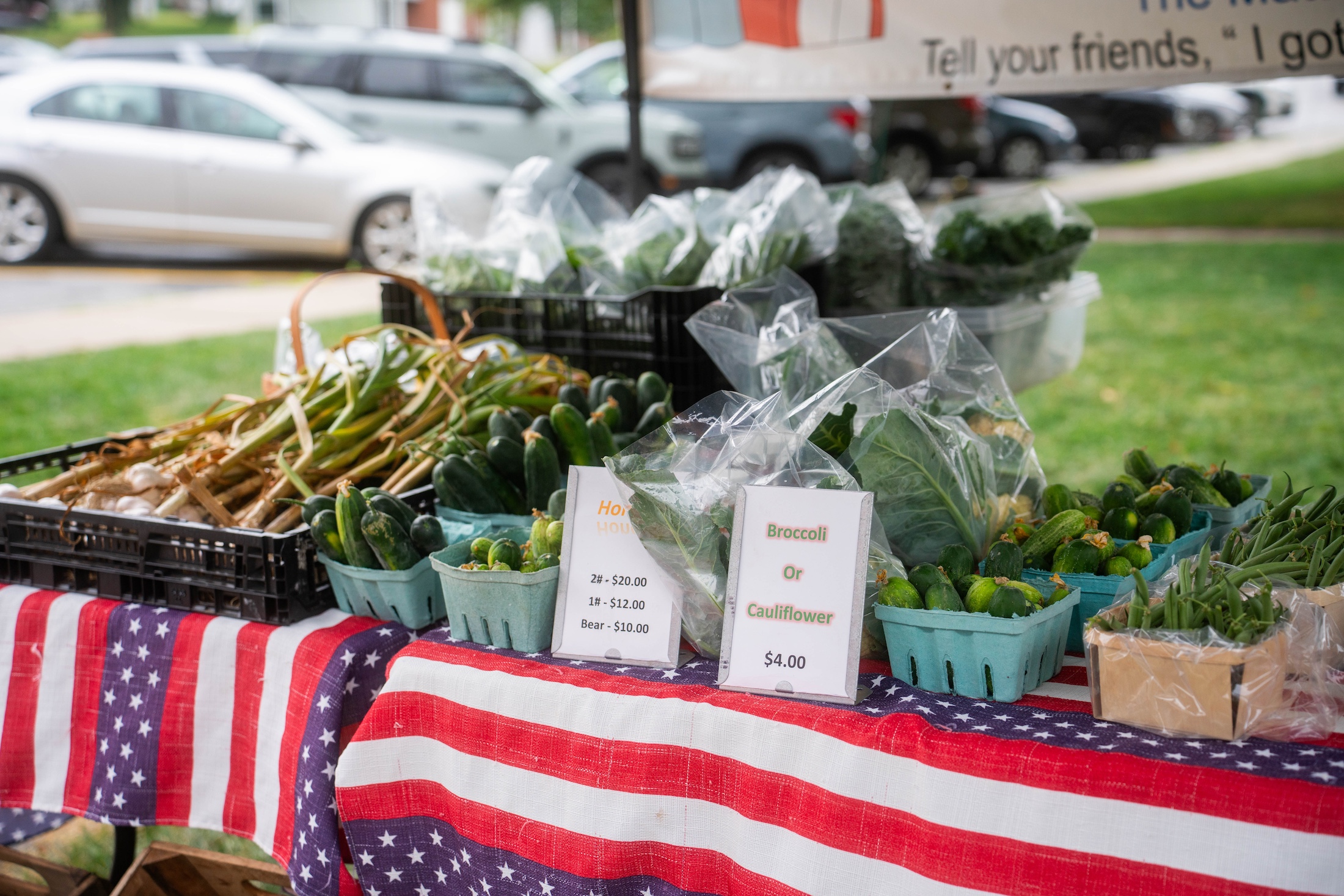 fresh produce sitting on american flag themed table cloth at farmers market
