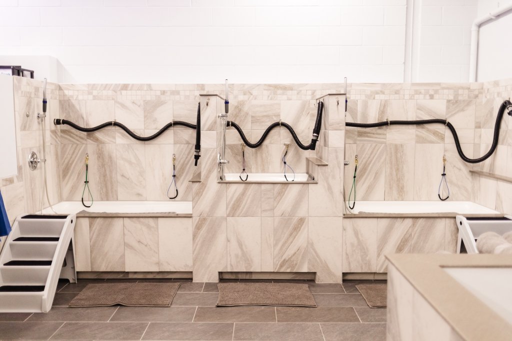 Pet grooming station with multiple tubs