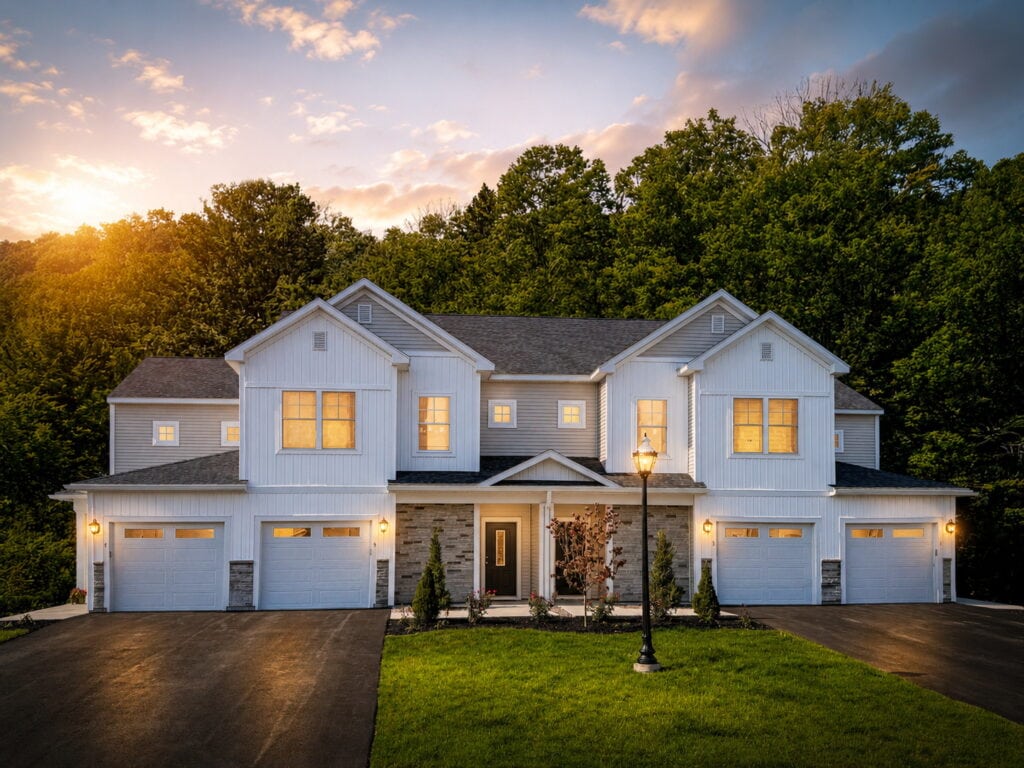 Modern house with landscaped surroundings.