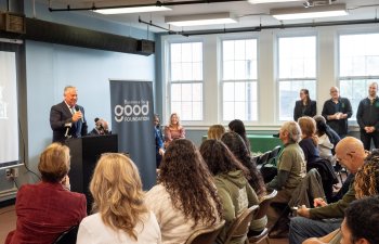 New York State Assemblymember John T. McDonald III addresses the audience at Business for Good Foundation’s grant announcement to TRIP’s Pathway to Prosperity program.